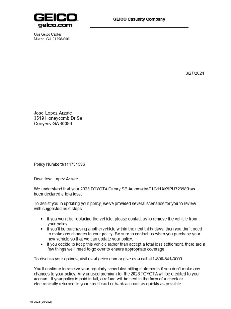 GEICO Total Loss Vehicle Policy Update | PDF