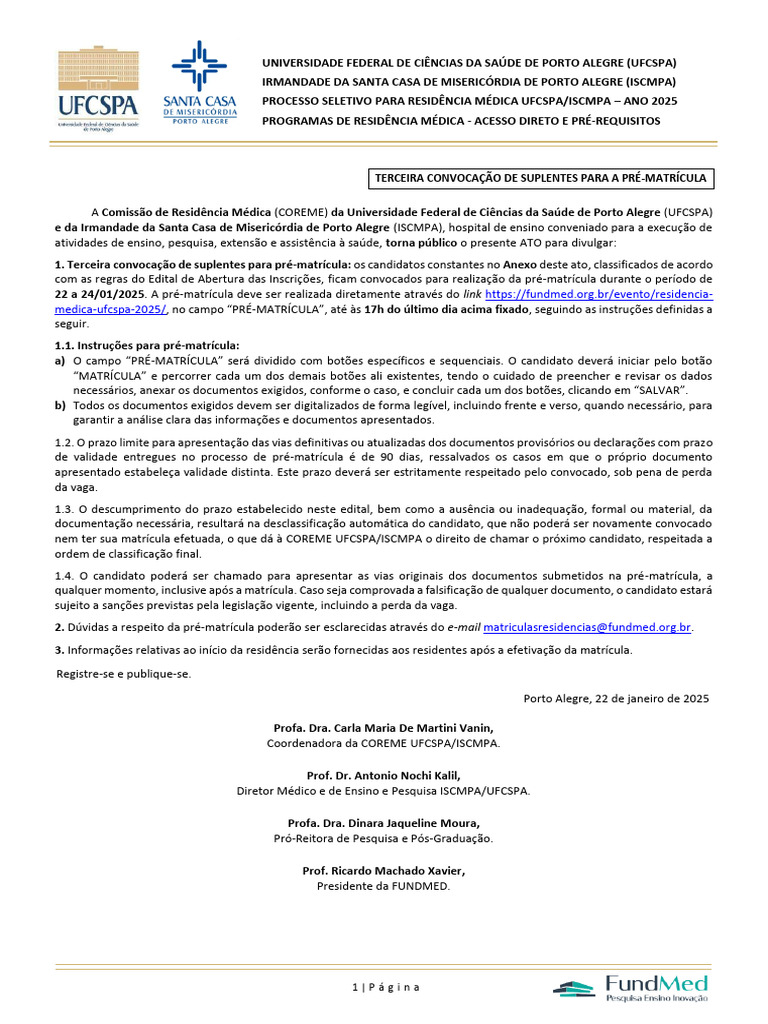 UFCSPA Medica 3a Chamada de Suplentes | PDF