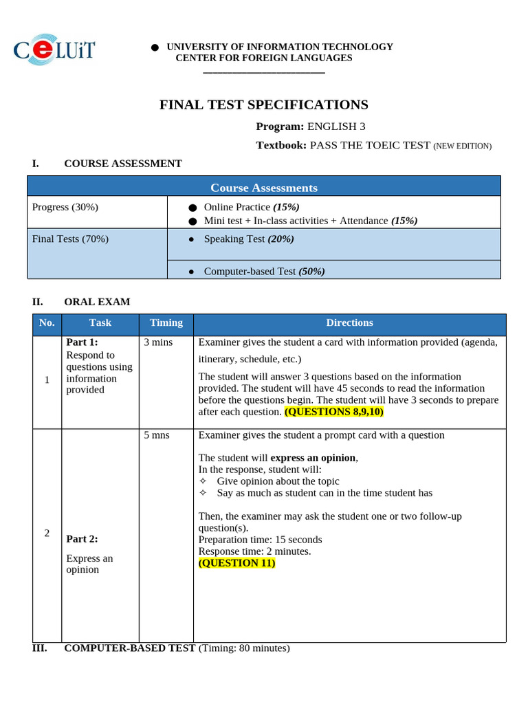 ENGLISH 3 Final Test Specifications | PDF | Evaluation Methods | Tests