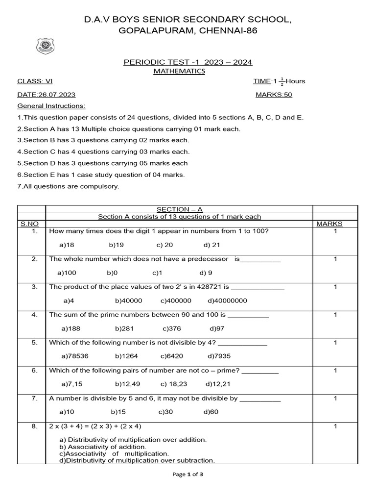 Class Vi Maths 24.07.2023 | PDF | Prime Number | Numbers