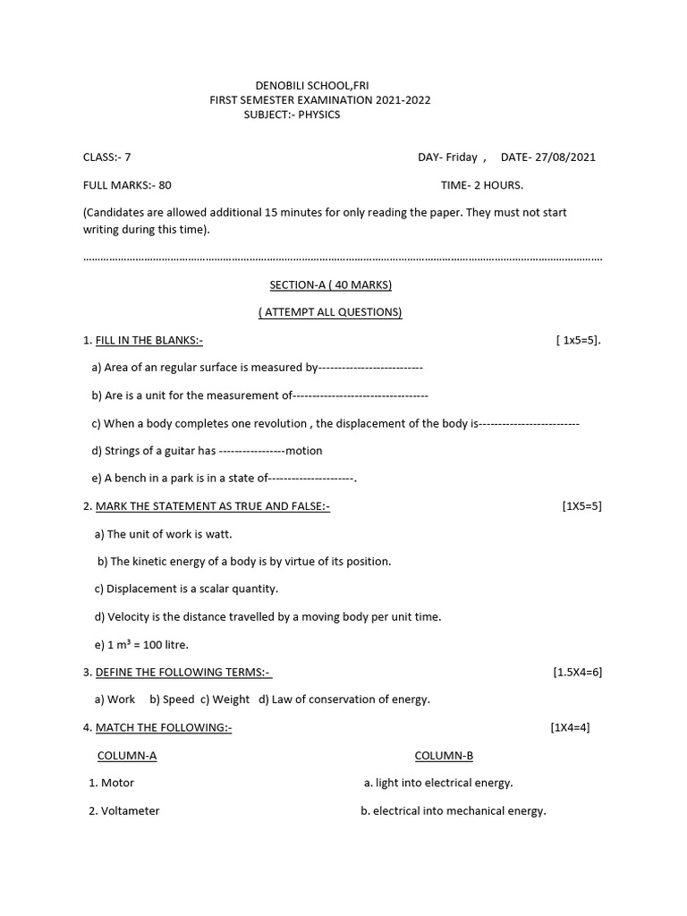 7, Physics, Sem I, QP - 27 08 2021 | PDF | Speed | Velocity