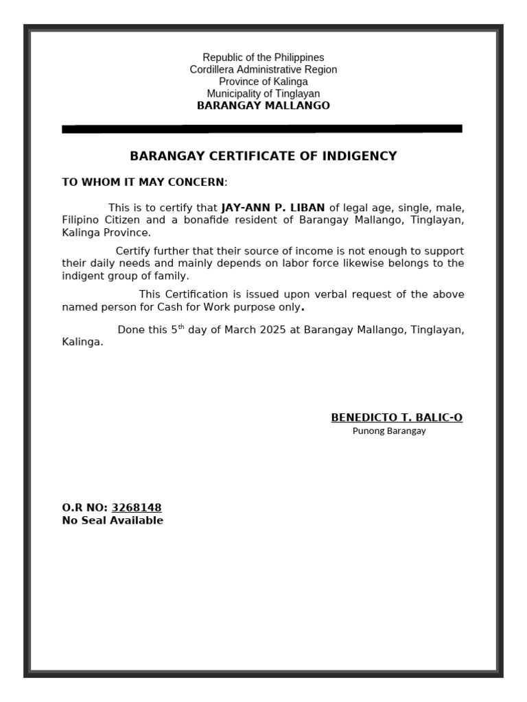 Barangay Indigency Certificate for Jay-Ann | PDF