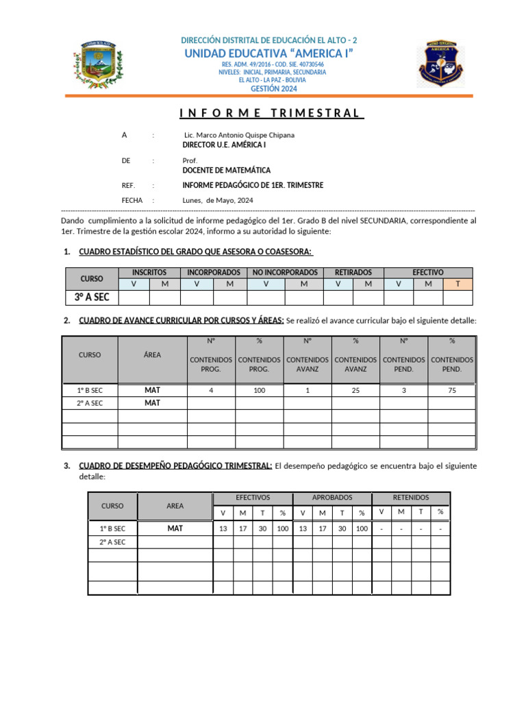 Informe Pedagógico 1er Trimestre 2024 | PDF