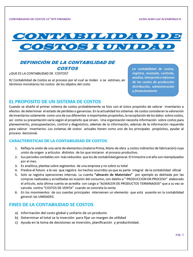 Contabilidad de Costos I Unidad | PDF | Contabilidad | Contabilidad de ...