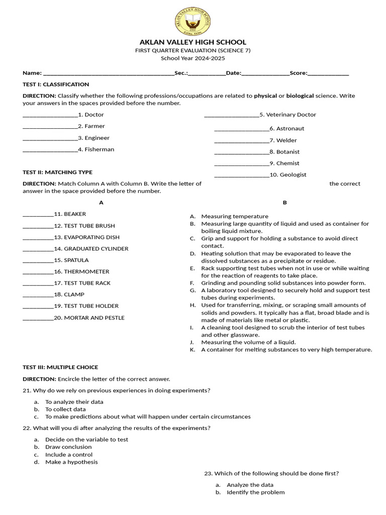 Grade 7 First Quarter Exam Draft | PDF | Mixture | Solubility