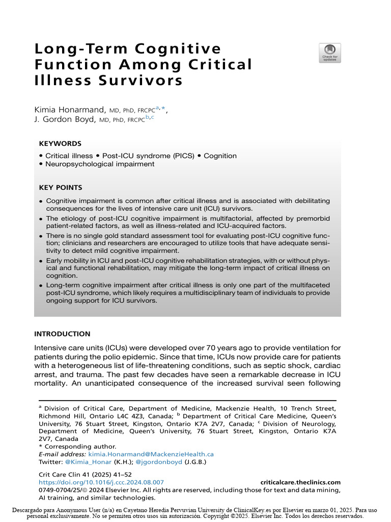 Long Term Cognitive Function Among Critical Illness Survivors | PDF ...