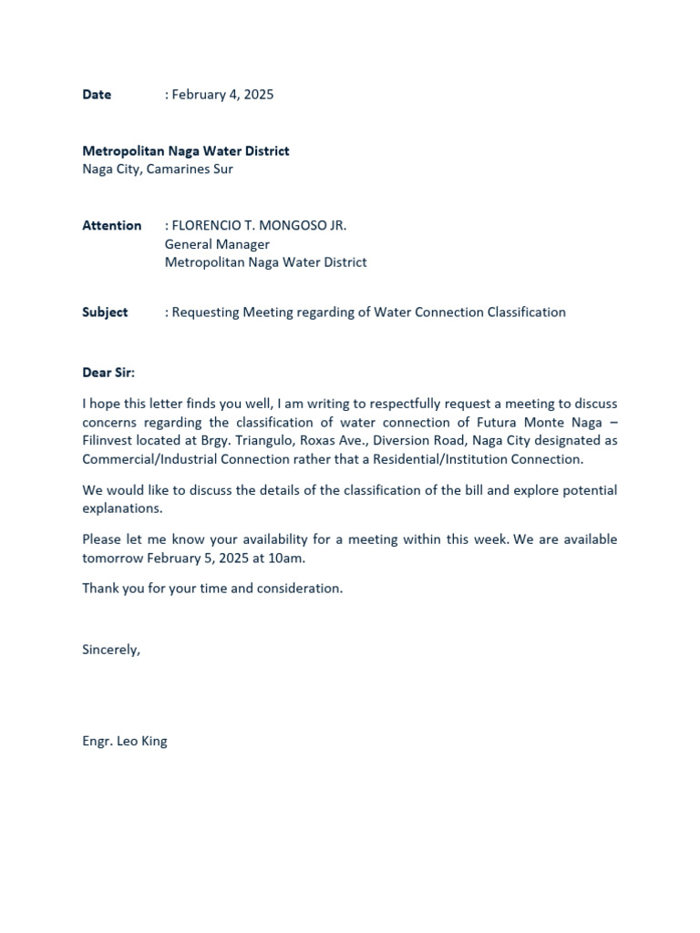 Meeting Request on Water Connection Classification | PDF