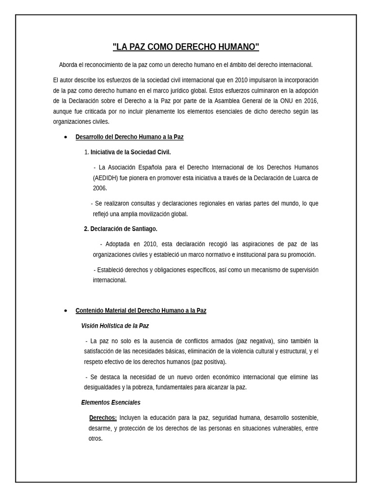 La Paz Como Derecho Humano | PDF | Derechos humanos | Paz