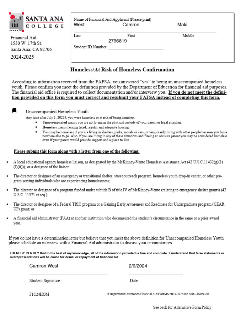 Homeless Youth Financial Aid Confirmation | PDF | Homelessness