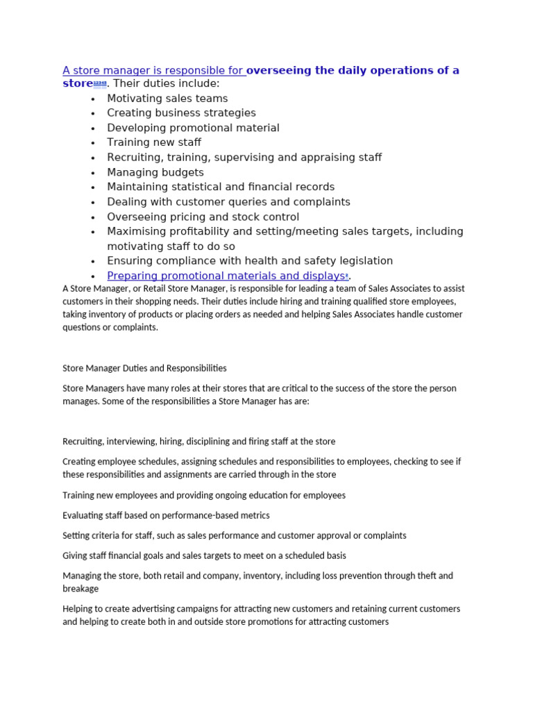 A Store Manager Is Responsible For | PDF