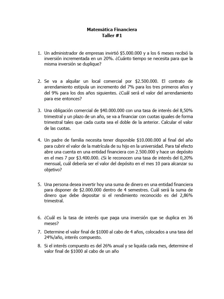 Matemática Financiera - Taller # 1 | PDF