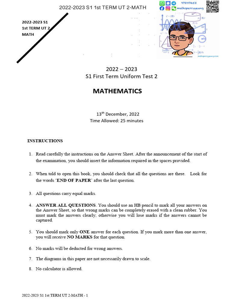 2022-2023 S1 1st Term Math Test | PDF | Mathematics | Mathematical Objects