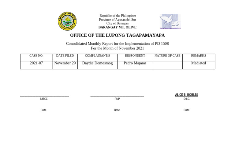 Monthly Report on PD 1508 Implementation | PDF