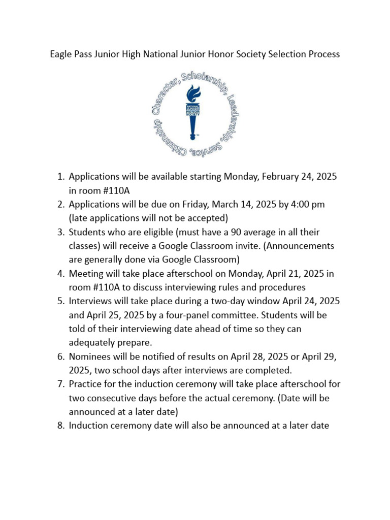 Eagle Pass Junior High National Junior Honor Society Selection Process ...