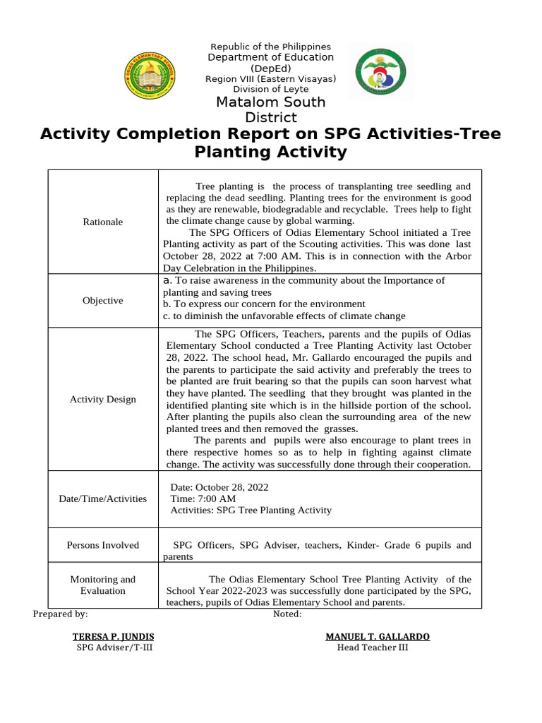 Odias Elementary School Tree Planting Report | PDF | Natural Environment