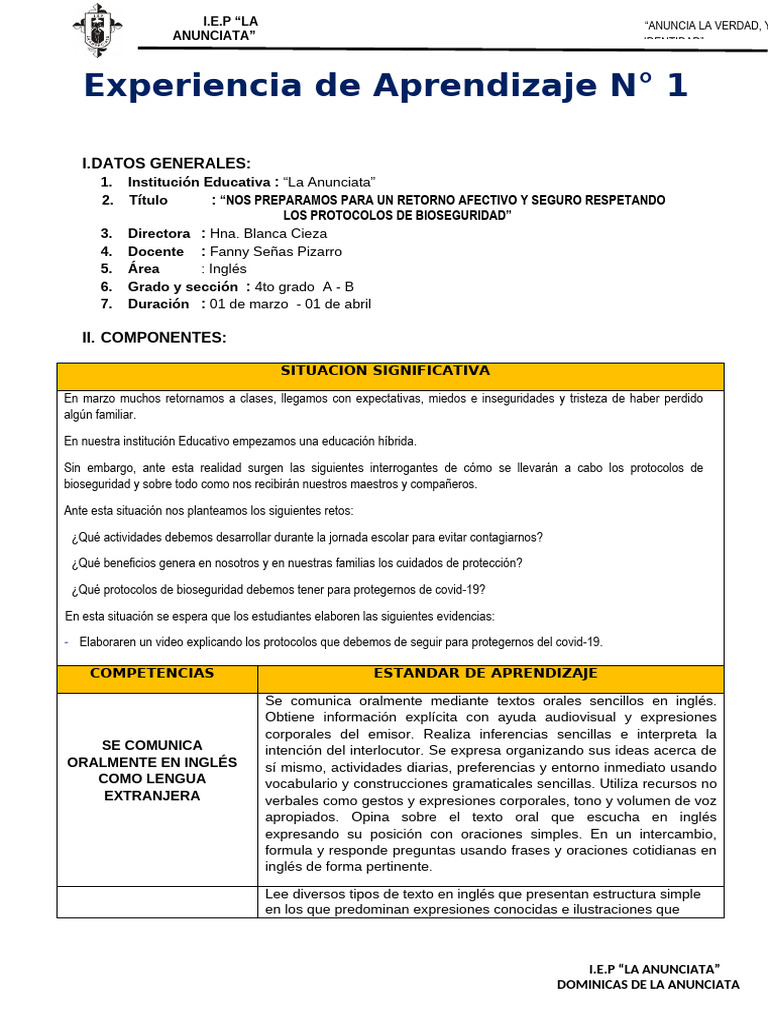 Experiencia de Apr. 4to Grado Unit 1 | PDF | Aprendizaje | Idioma en Inglés