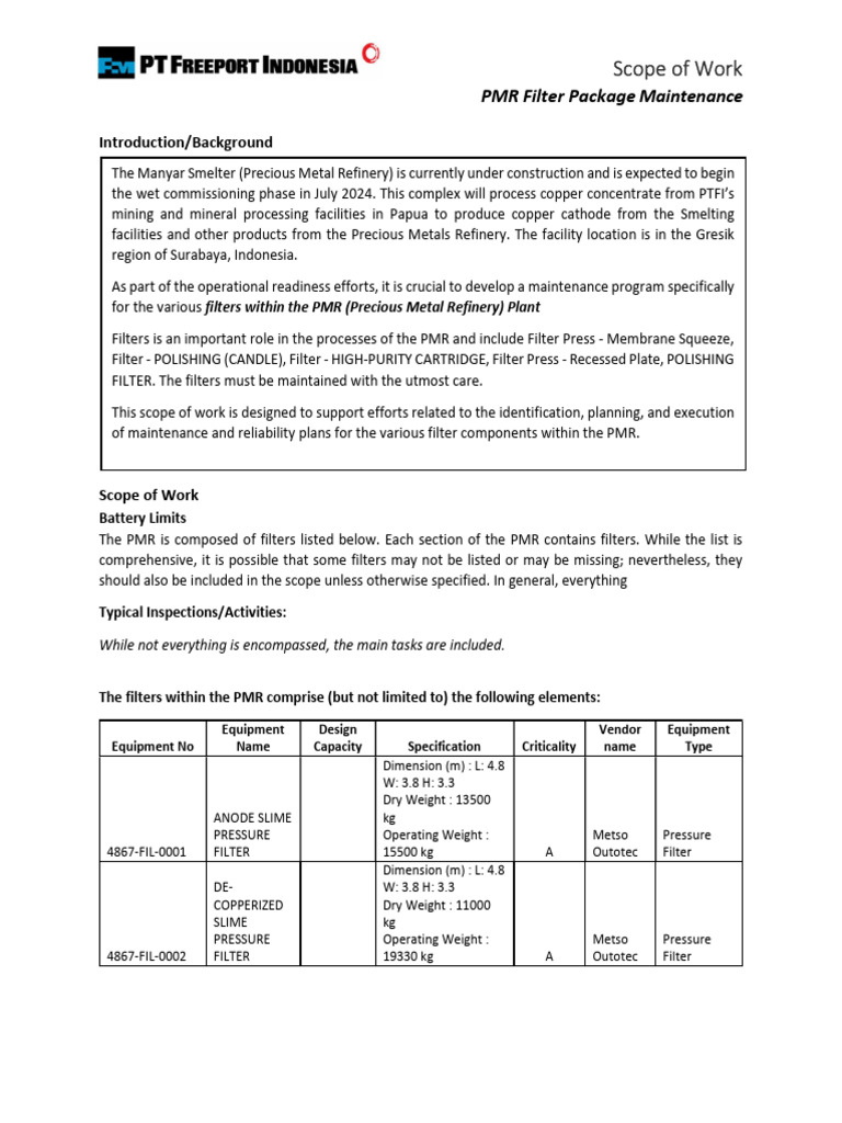 Scope of Work - PMR Filter Package Maintenance Services | PDF | Valve