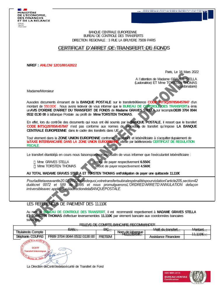Avis d'arrêt de transfert de fonds | PDF | Banques | Économie
