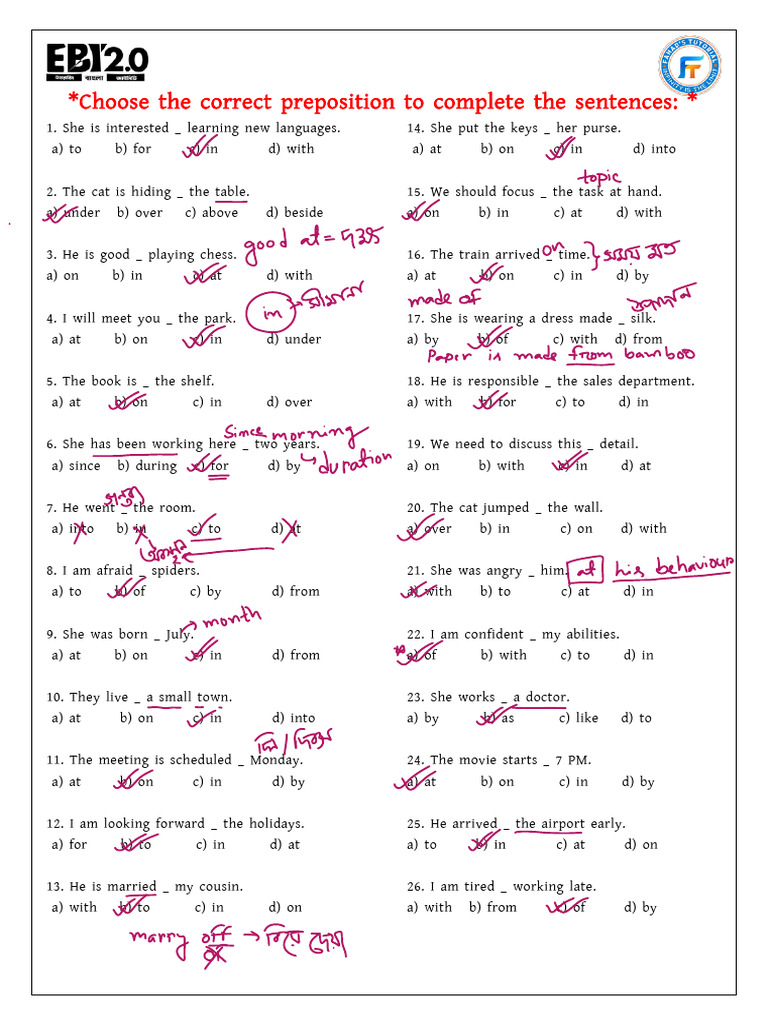 Preposition Practice Exercises | PDF