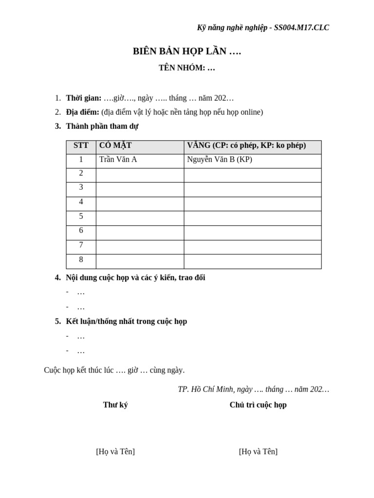 Mẫu biên bản họp (lần ... ) | PDF