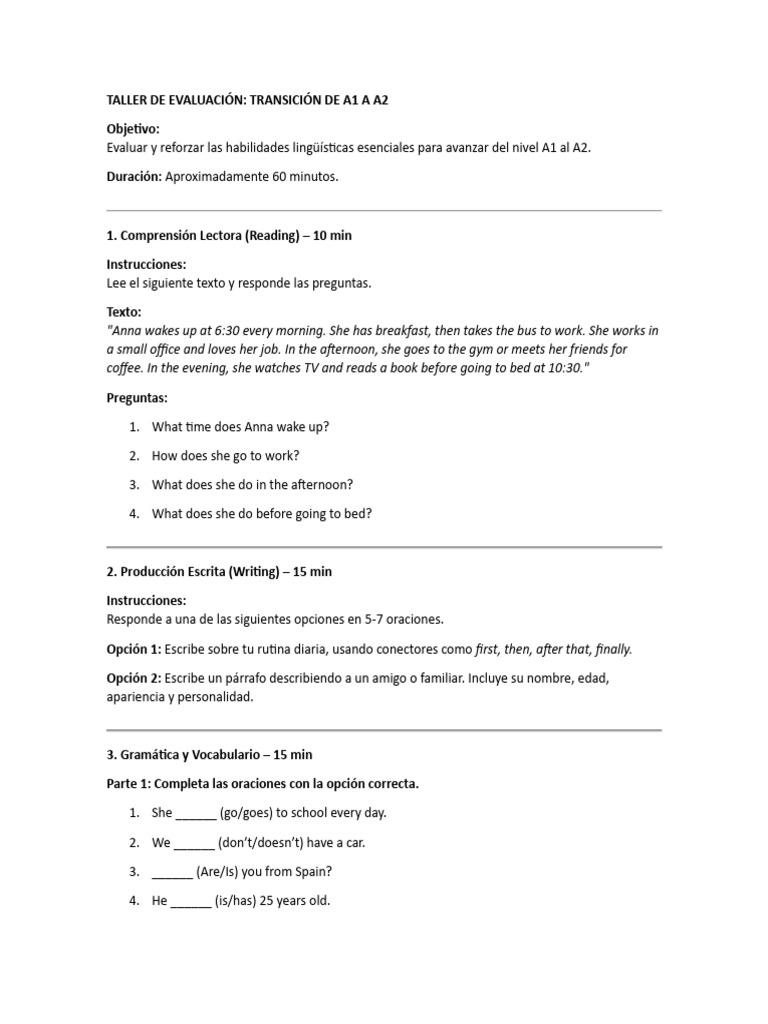 Taller de Evaluación A1 a A2 | PDF