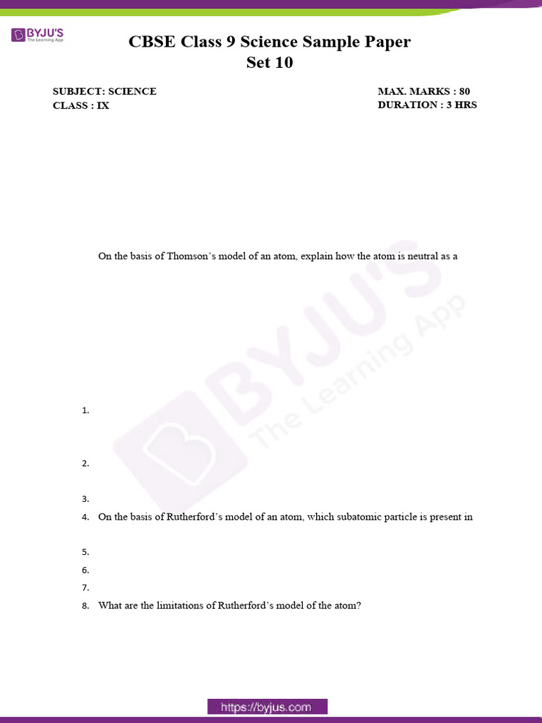CBSE Sample Paper Class 9 Science Set 10 | PDF | Atoms | Chlorine