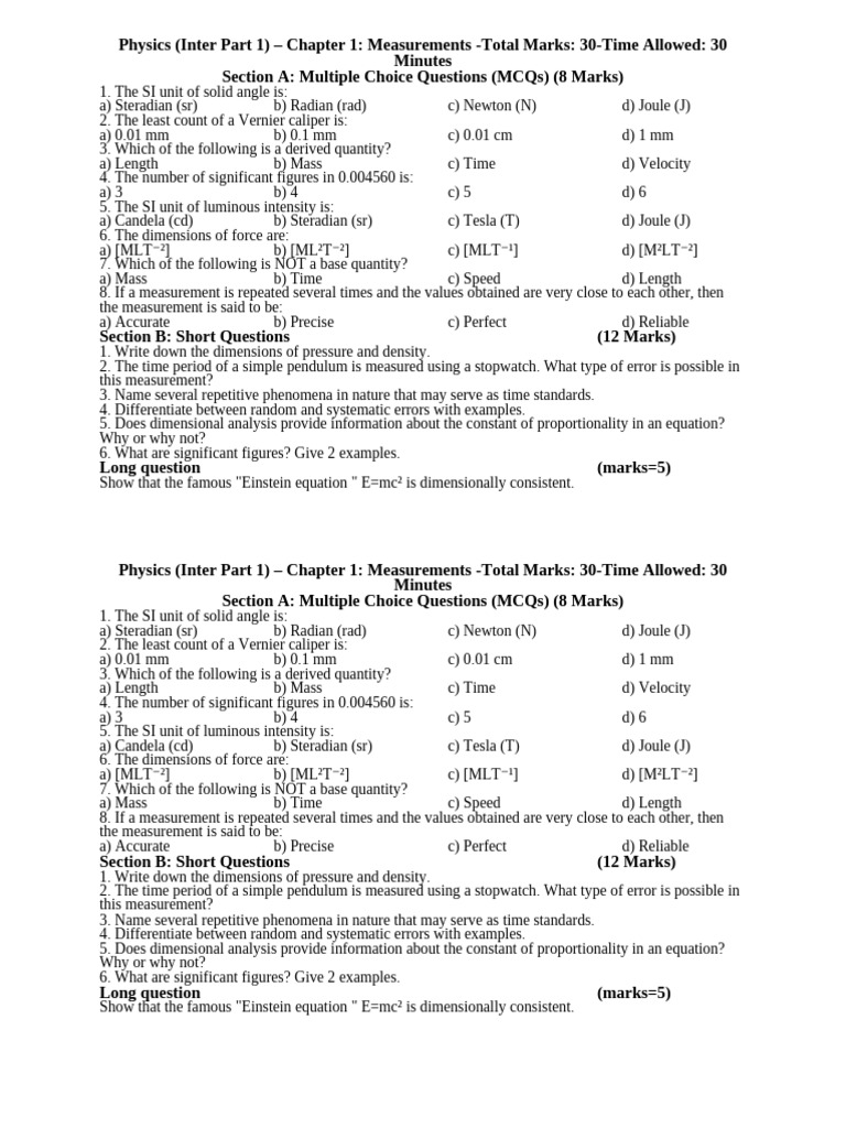 Physics Measurements MCQs and Concepts | PDF | International System Of ...