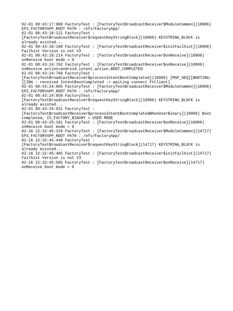 Factory Test Broadcast Receiver Logs | PDF