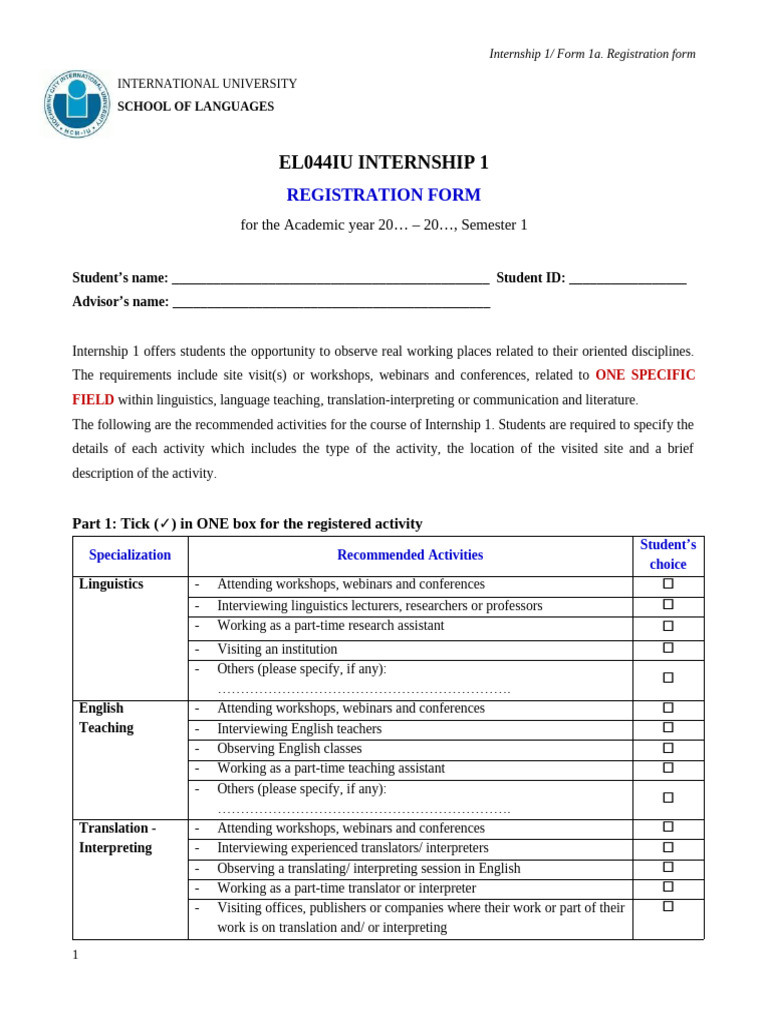 Internship Registration Form for Languages | PDF | Linguistics ...