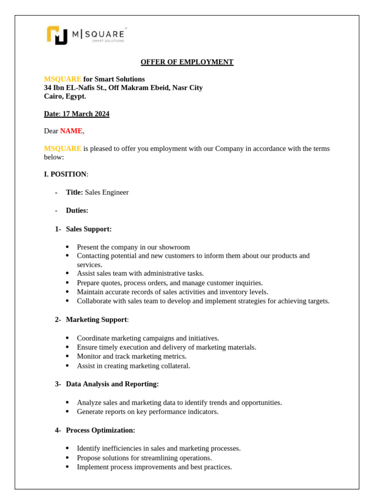 Employment Offer: Sales Engineer Position | PDF