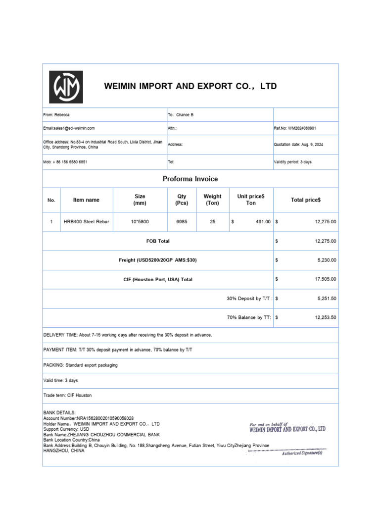 Proforma Invoice for HRB400 Steel Rebar | PDF | Economies ...