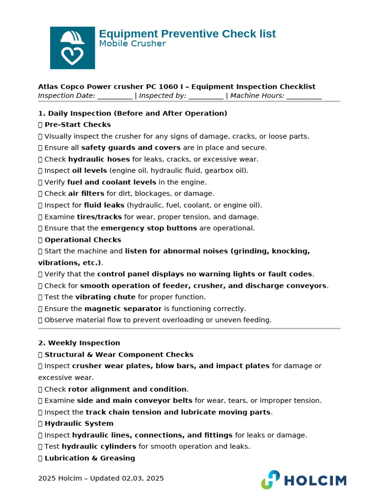 Mobile Crusher Inspection Checklist | PDF | Engines | Leak