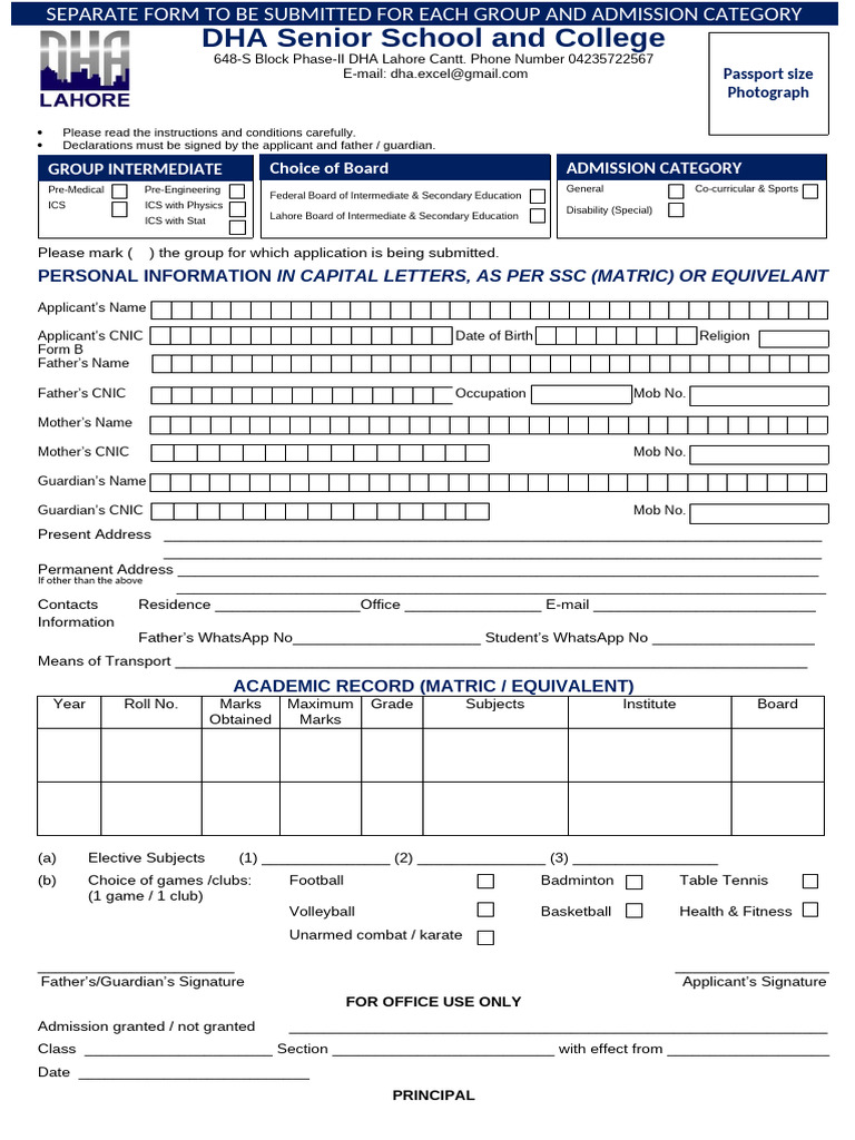 DHA Lahore Admission Application Form | PDF
