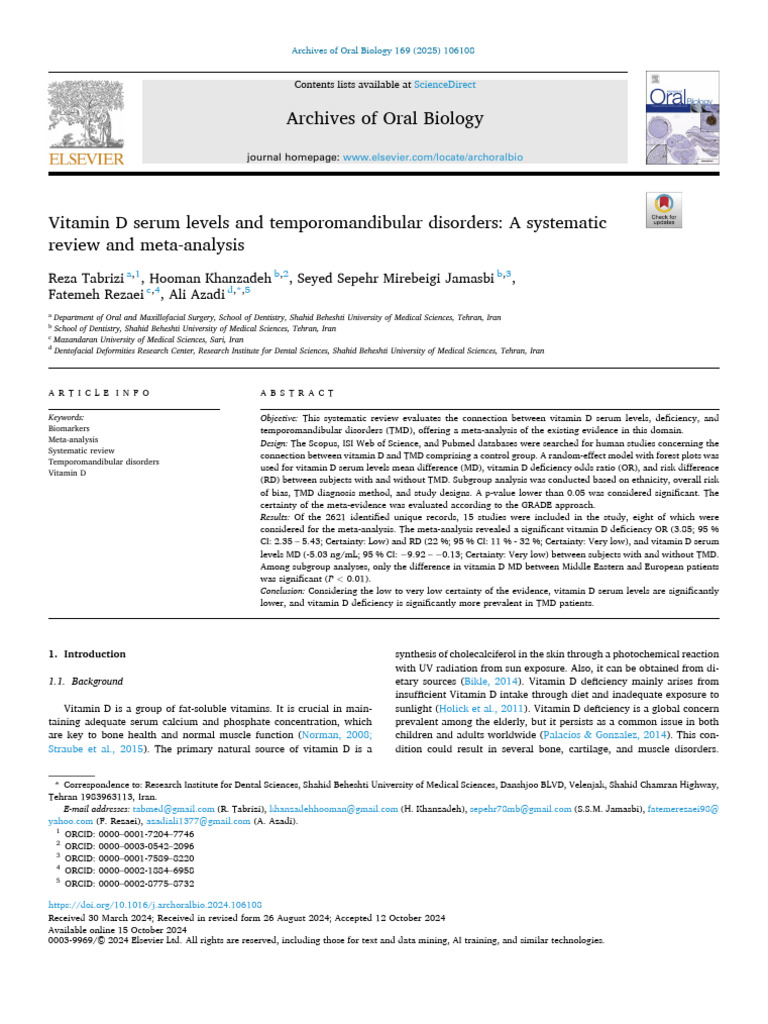 Vitamin D Levels and TMD: Meta-Analysis | PDF | Vitamin D | Meta Analysis