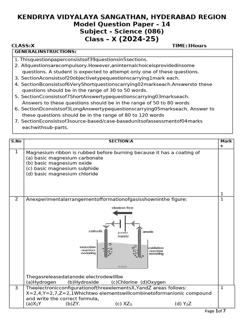Class X Science Model Question Paper 2024-25 | PDF | Magnesium ...