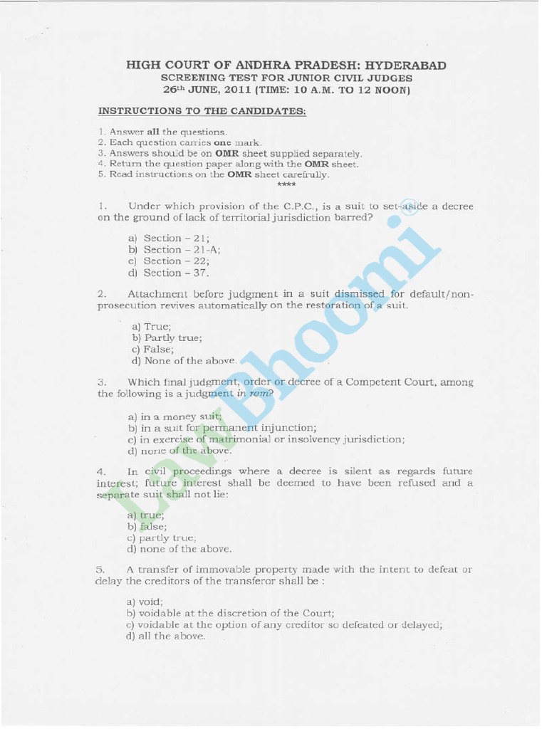 2011 Andhra Civil Judge Prelims Paper - Watermark | PDF