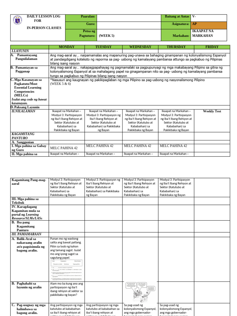 Ap 5 - DLL - Week 5 - Q4 | PDF