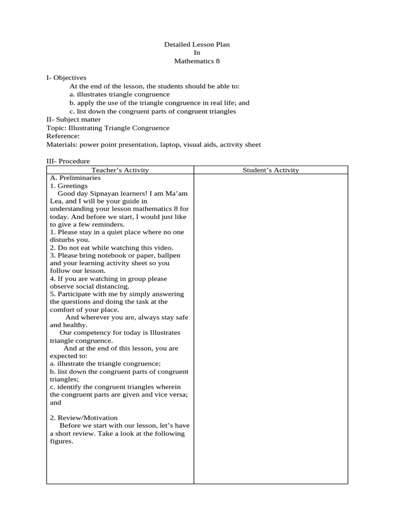 Triangle Congruence Lesson Plan | PDF | Euclidean Geometry | Geometry