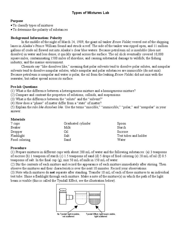 Types of Mixtures Lab Worksheet | PDF | Solution | Homogeneity And ...