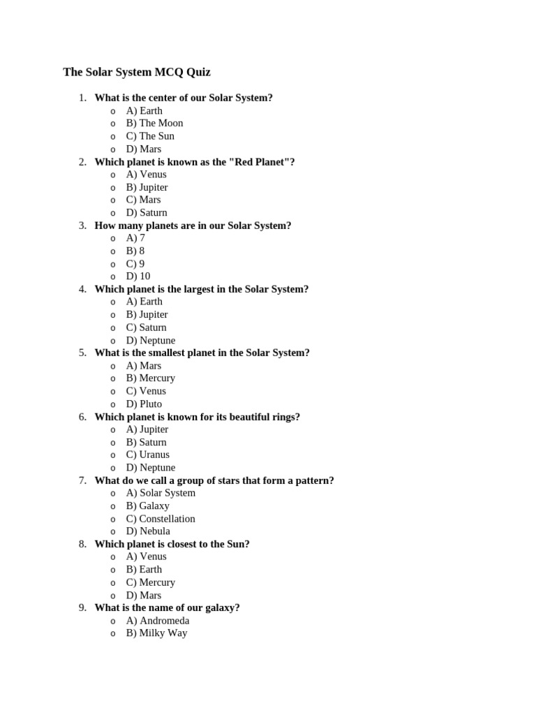 Solar System MCQ Quiz for Students | PDF | Planets | Jupiter