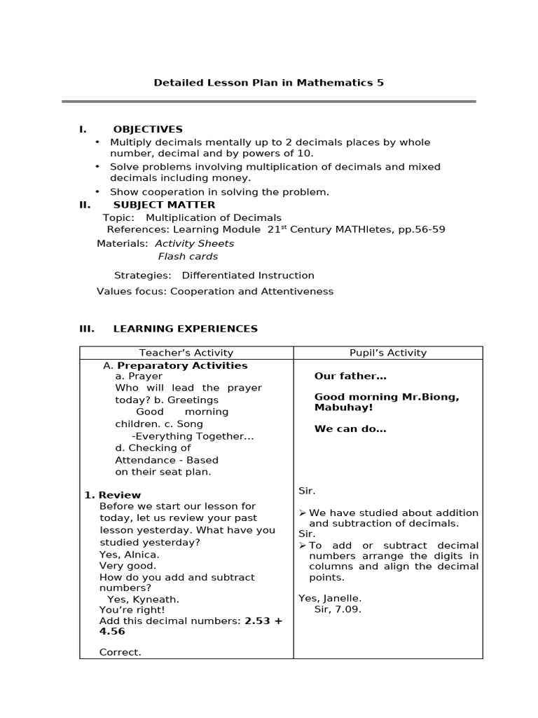 Math Lesson Plan: Multiplying Decimals | PDF | Multiplication | Numbers