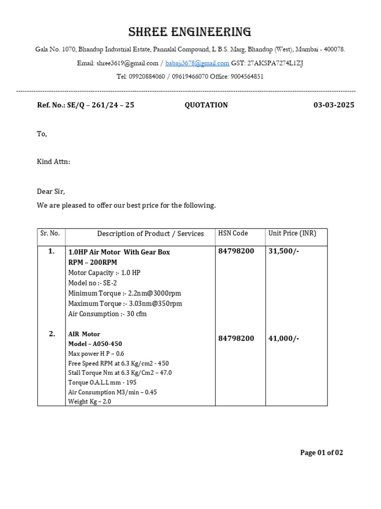 Quotation SE/Q-261/24-25 Details | PDF | Motor Vehicle