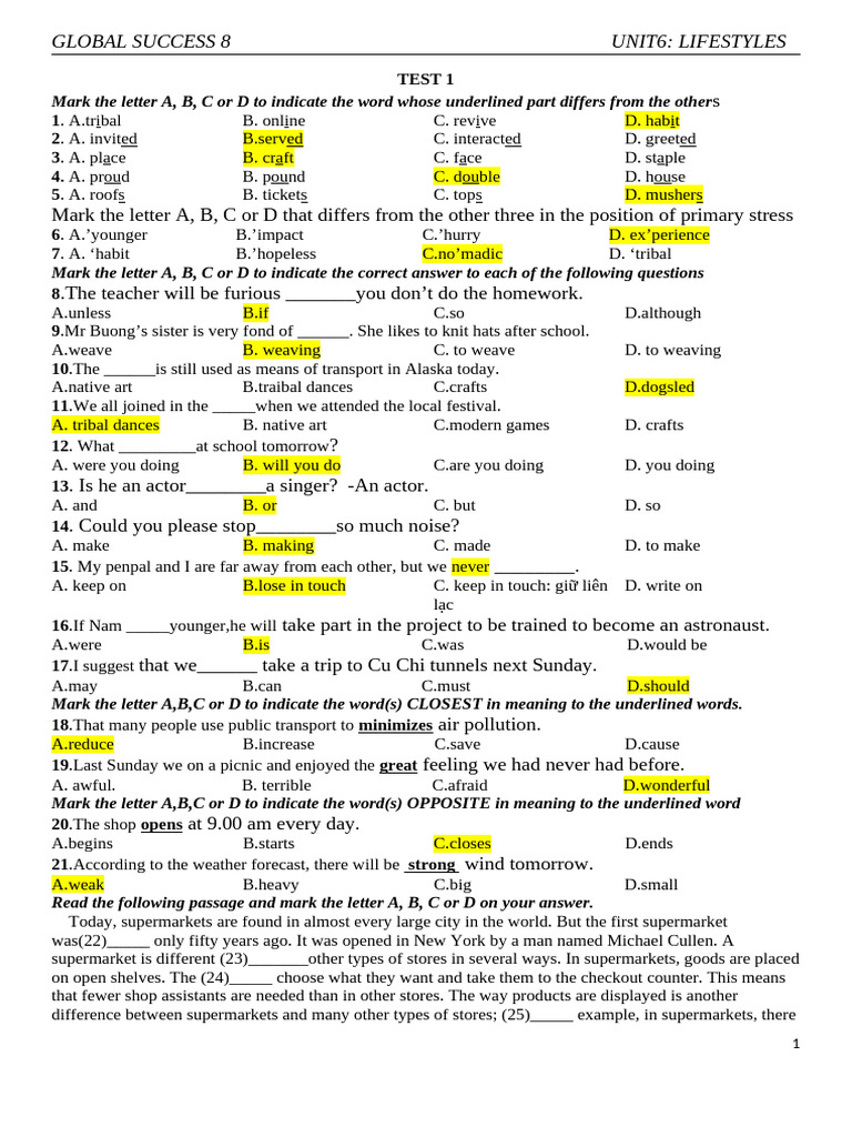 Global Success 8: Unit 6 Lifestyles Test | PDF | Supermarket