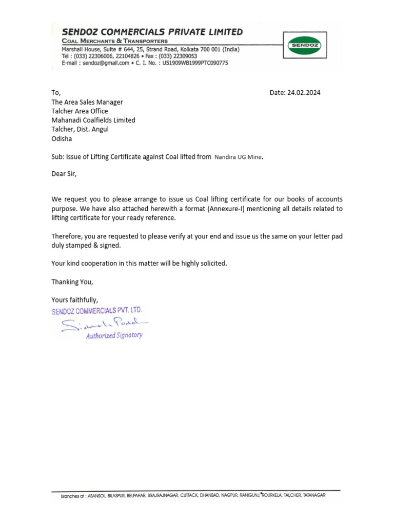 Coal Lifting Certificate for Sendoz Pvt Ltd | PDF