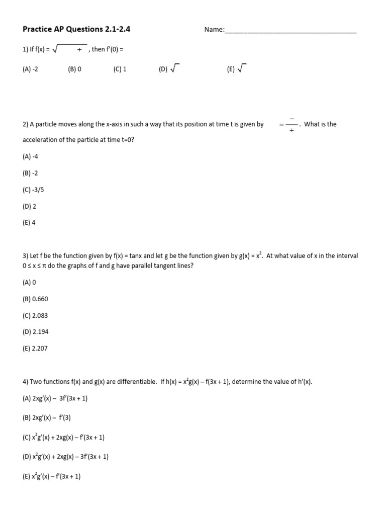 AP Calculus Practice Questions 2.1-2.4 | PDF | Derivative ...