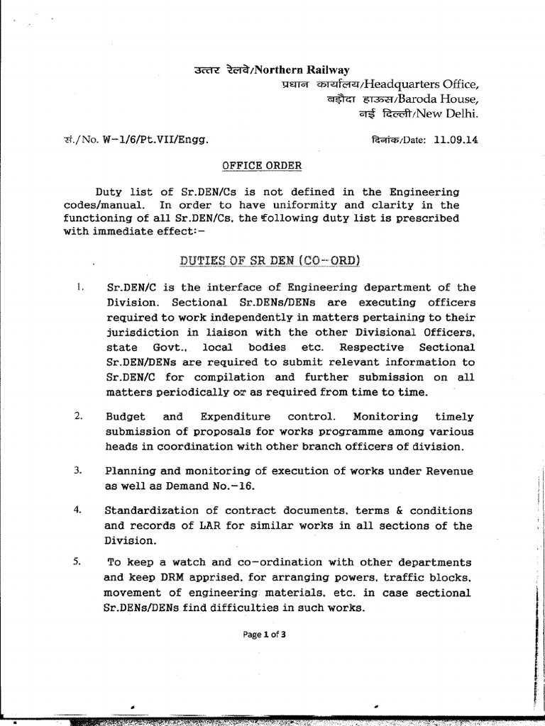 Duties of Senior DEN in Railways | PDF