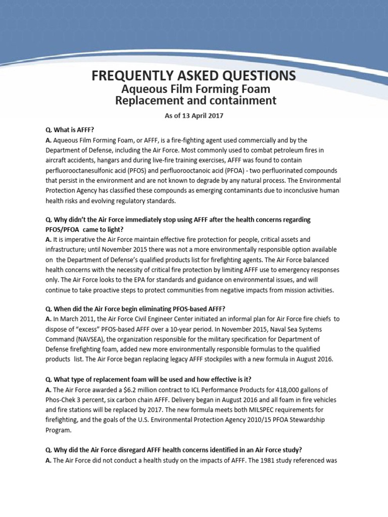 AFFF FAQ Replacement and Containment | PDF | Pollution | Environmental ...