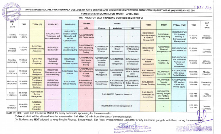 SF See Regular Semester-Vi Timetable Mar-25 | PDF