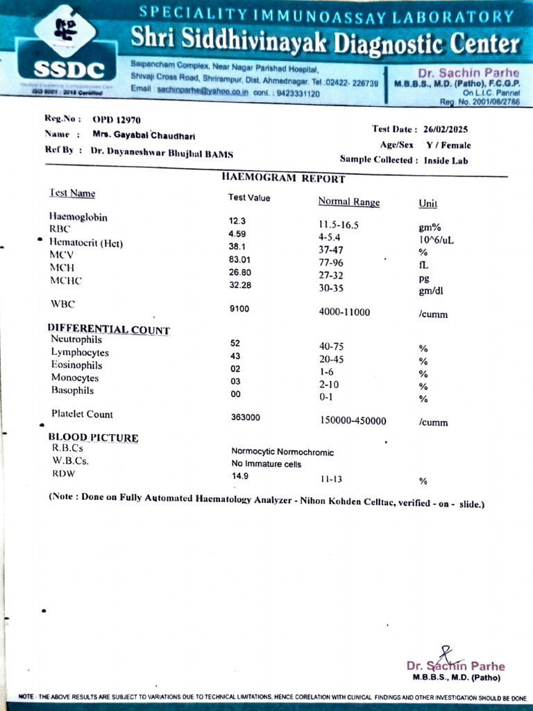 Full Haemogram and Widal Test Report | PDF | Hematology | Blood