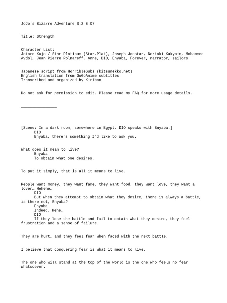JoJo's Bizarre Adventure S2E07 Script | PDF
